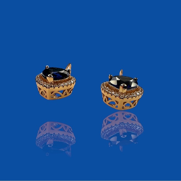 NEW Rose Gold Tone Simulated Sapphire & White Diamond Heart Dangle Earrings - Picture 3 of 8